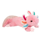 Pink plush axolotl stuffed animal with colorful rainbow gills and sparkly tail