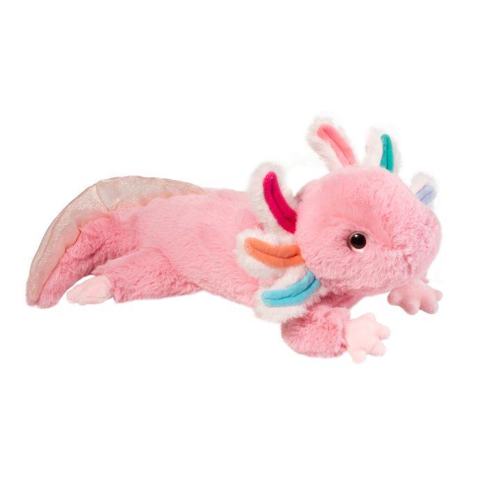 Pink plush axolotl stuffed animal with colorful rainbow gills and sparkly tail