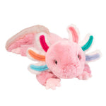 Pink plush axolotl stuffed animal with rainbow-colored gill fins on white background