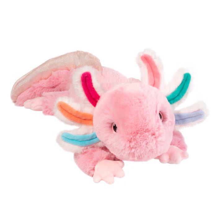 Pink plush axolotl stuffed animal with rainbow-colored gill fins on white background
