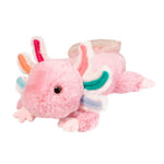 Pink plush axolotl stuffed animal with colorful rainbow gills and iridescent back fins