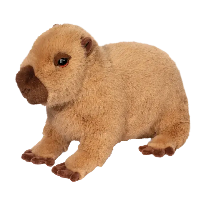 Realistic plush capybara stuffed animal with soft tan brown fur in seated pose