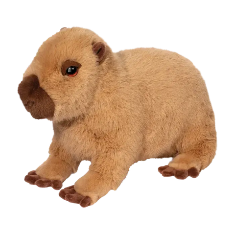 Realistic plush capybara stuffed animal with soft tan brown fur in seated pose