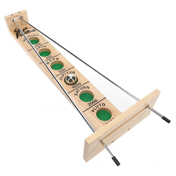 Shoot the Moon wooden skill game with metal rods and planet-themed scoring holes