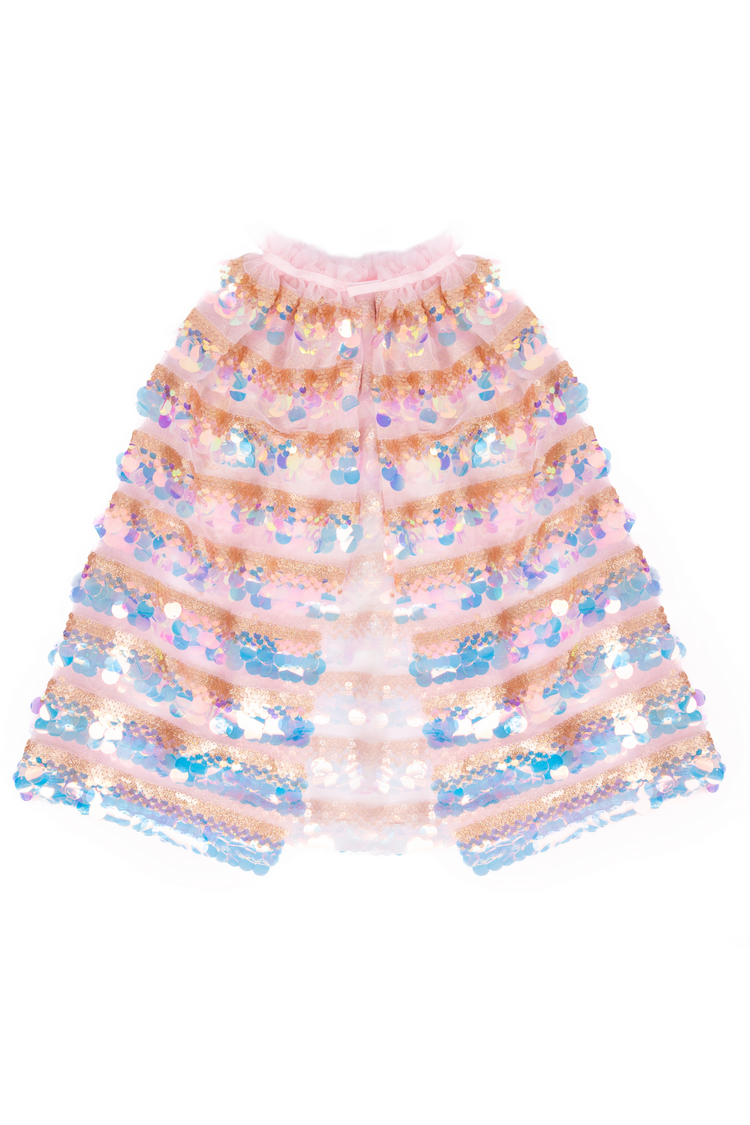 Children's light pink cape with iridescent pailette sequins and gold striped detailing