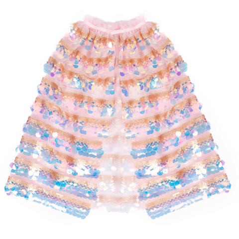 Children's light pink cape with iridescent pailette sequins and gold striped detailing