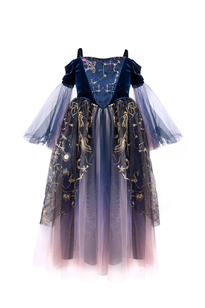 Twilight Enchantress girls costume gown in navy velvet with celestial gold embroidered tulle skirt