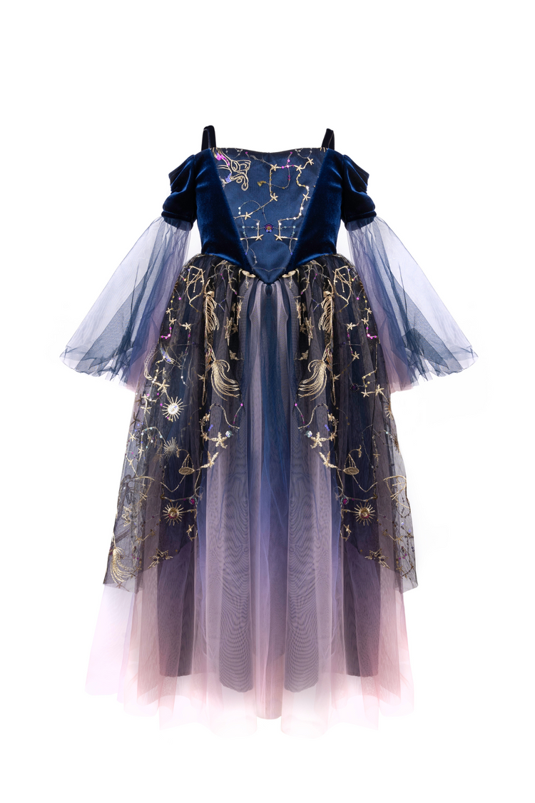 Twilight Enchantress girls costume gown in navy velvet with celestial gold embroidered tulle skirt