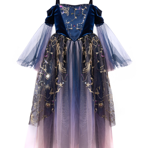 Twilight Enchantress girls costume gown in navy velvet with celestial gold embroidered tulle skirt