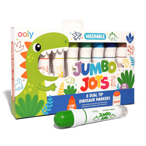 Ooly Jumbo Jots 8 dual tip washable dinosaur stamp markers set with box and single marker displayed