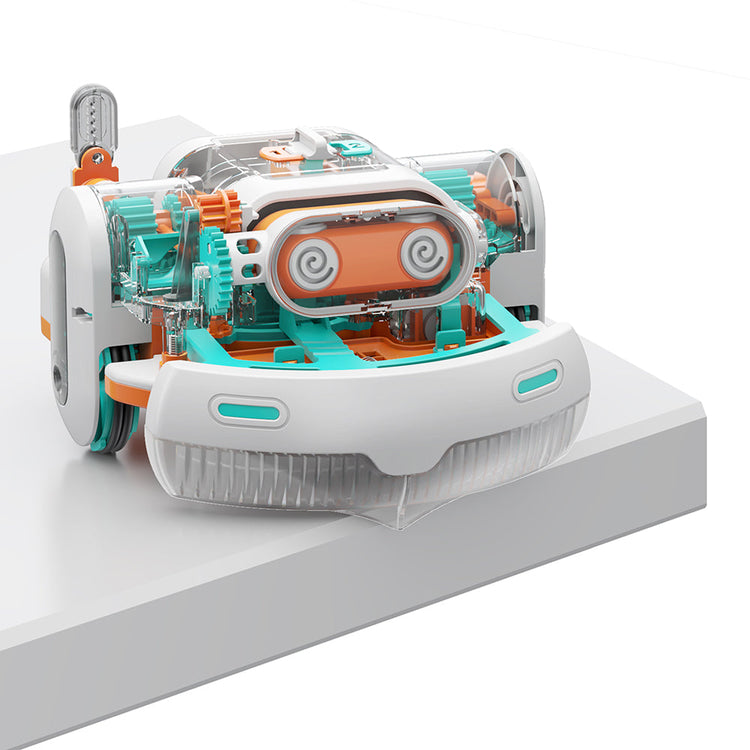 Dusty robot vacuum cleaner toy with transparent body revealing colorful internal gears and mechanisms
