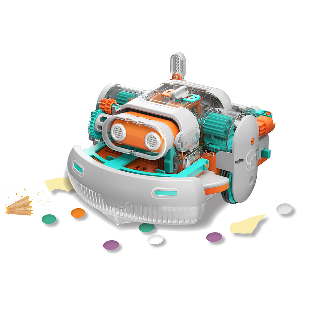 Dusty robot vacuum cleaner toy with transparent body showing colorful internal gears and mechanisms, surrounded by debris ...