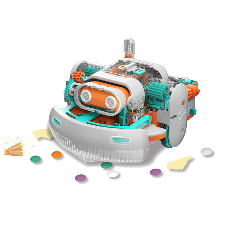 Dusty robot vacuum cleaner toy with transparent body showing colorful internal gears and mechanisms, surrounded by debris ...