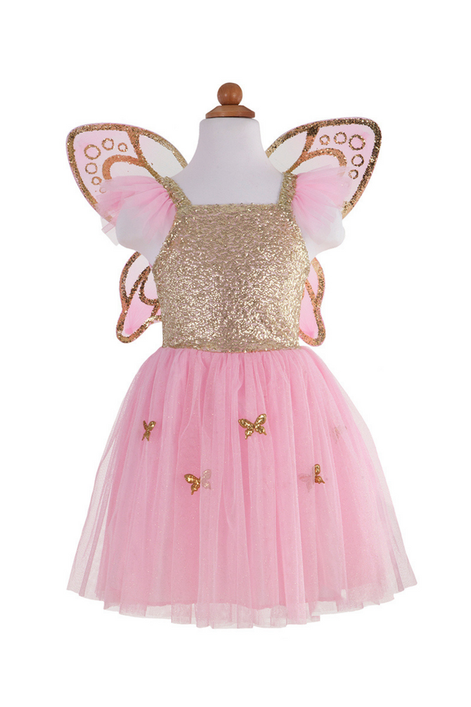 Children's pink tulle fairy dress with gold sequin bodice and gold glitter butterfly wings
