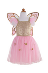 Children's pink tulle fairy dress with gold sequin bodice and gold glitter butterfly wings