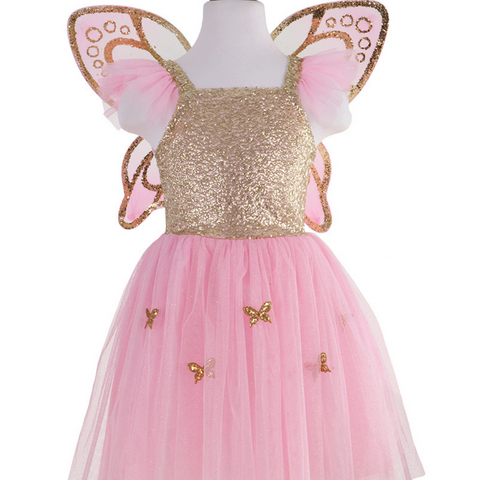 Children's pink tulle fairy dress with gold sequin bodice and gold glitter butterfly wings