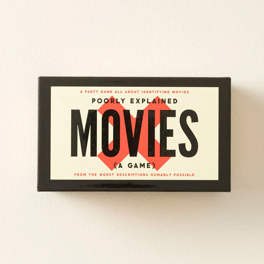 Poorly Explained Movies card game box with black border and red diamond graphic on cream background.