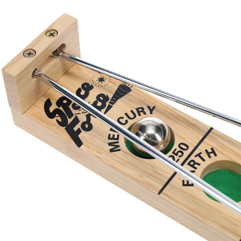 Shoot the Moon wooden skill game with metal rods and planet-themed scoring holes