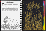 Open Coral Reefs Scratch and Sketch book showing seahorse coloring page and golden scratch art