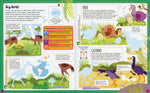 Interior spread of Sticker Facts Dinosaurs book showing Big Birds section with prehistoric bird facts