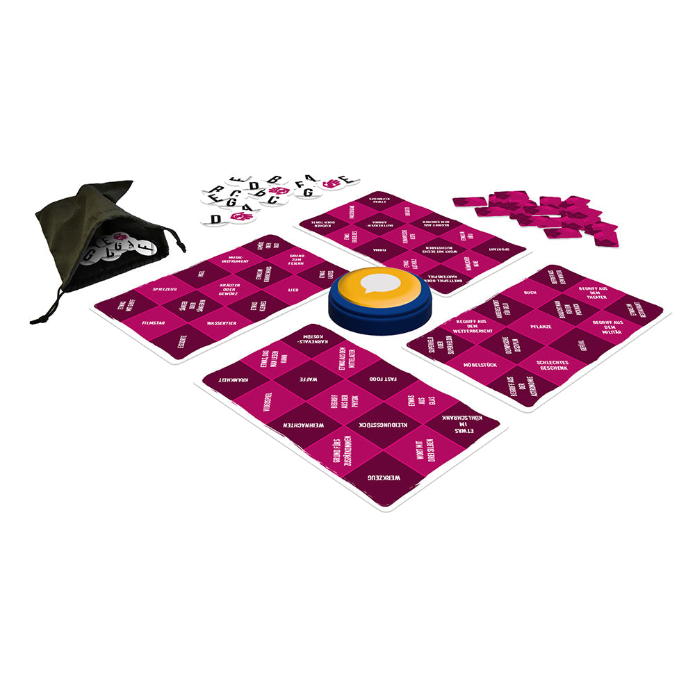 Oh My Word group game components including pink category boards, letter tiles, buzzer, and drawstring bag