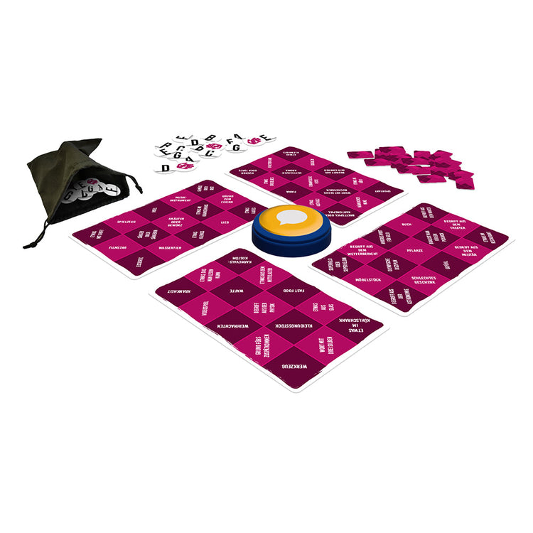 Oh My Word group game components including pink category boards, letter tiles, buzzer, and drawstring bag