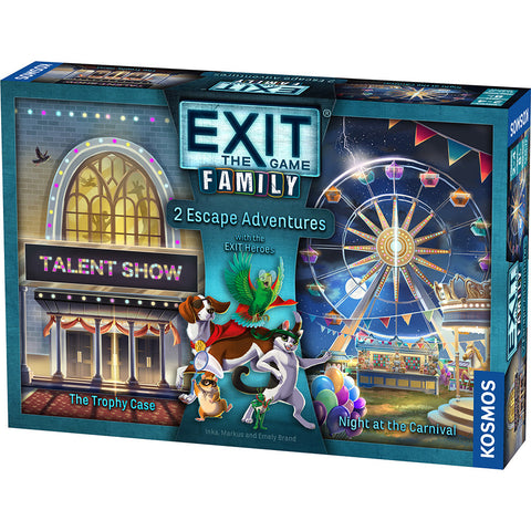 EXIT The Game Family box featuring Trophy Case and Night at the Carnival escape adventures by Kosmos
