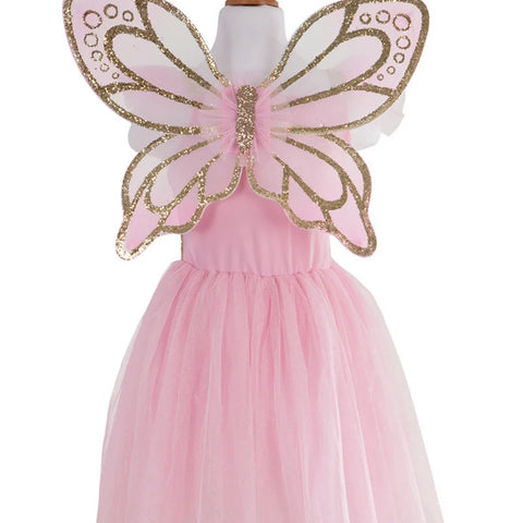 Children's pink tulle fairy dress with gold sequin bodice and gold glitter butterfly wings