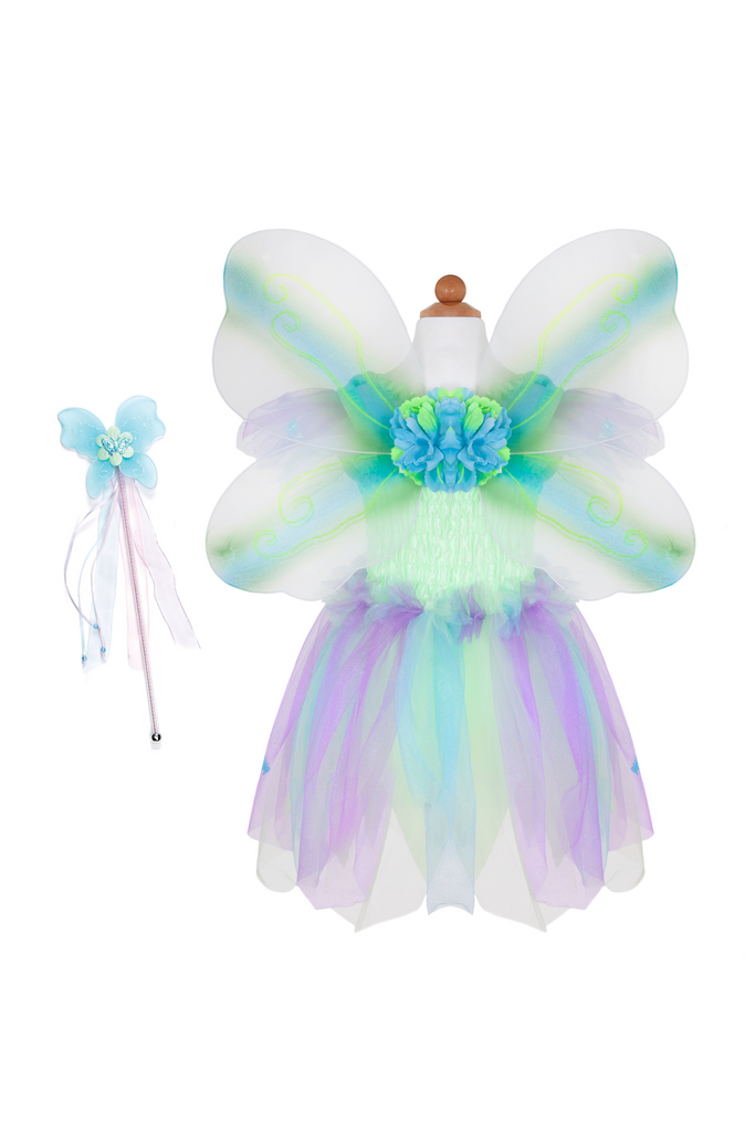 Children's fairy butterfly costume set with iridescent wings, green purple tutu dress, and blue wand