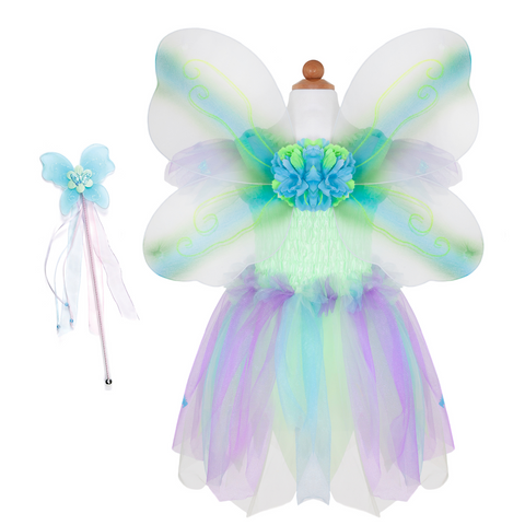 Children's fairy butterfly costume set with iridescent wings, green purple tutu dress, and blue wand