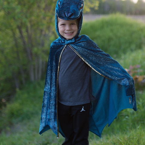 Children's teal and gold shimmer dragon cape with sculpted hood featuring horns and blue eye