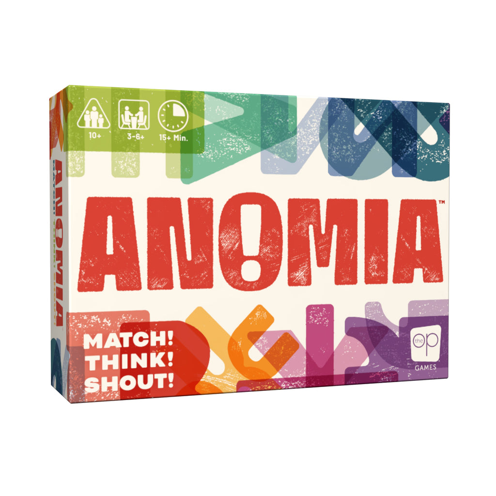 Anomia card game box with colorful geometric shapes, for ages 10 and up