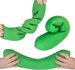 Green stretchy pickle sensory fidget toy shown twisted, coiled, and stretched by hands