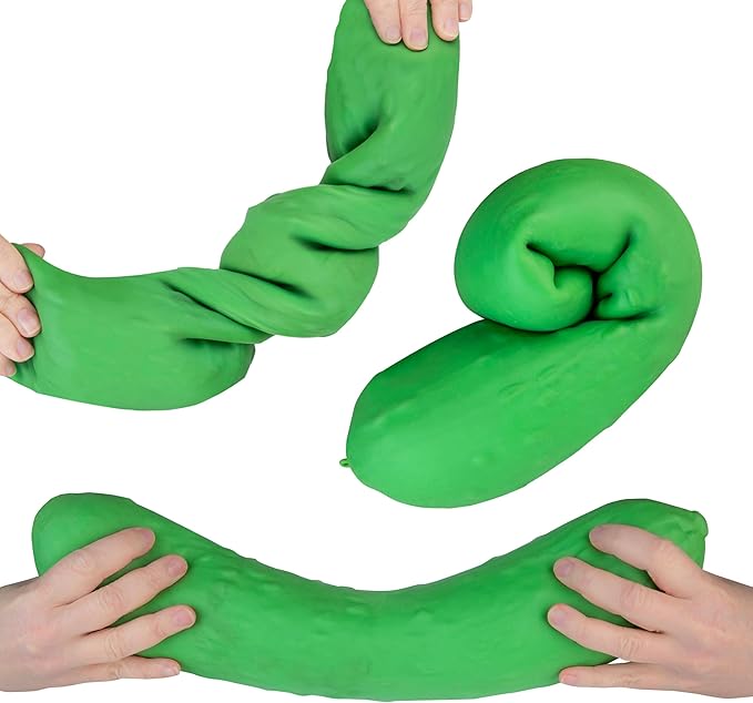 Green stretchy pickle sensory fidget toy shown twisted, coiled, and stretched by hands