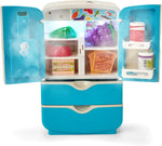 Toy refrigerator playset in teal blue with open doors revealing colorful plastic food accessories