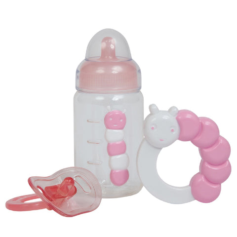 PINK Bottle Rattle and Pacifier Accessory Gift Set 3-Pieces | Fits Most Dolls | Ages 2+ - 1