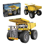 CaDA Heavy Duty yellow dump truck building kit with 372 pieces, multiple angles shown