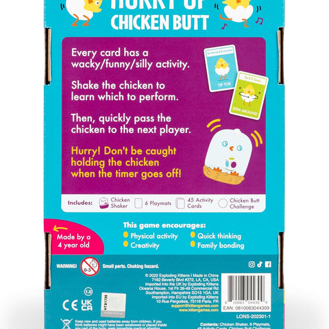 Hurry Up Chicken Butt board game box featuring a chicken figure in a nest with colorful dice