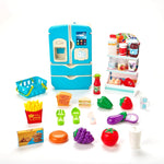 Chill and Fill toy refrigerator playset with food accessories including fruits, vegetables, and snacks