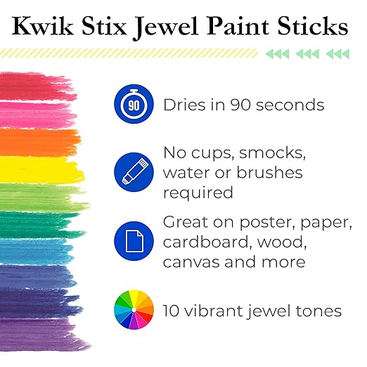 The Pencil Grip Kwik Stix Tempera Paints, Tempera Paint Pens, Super Quick Drying, 10 Assorted Jewel Colors