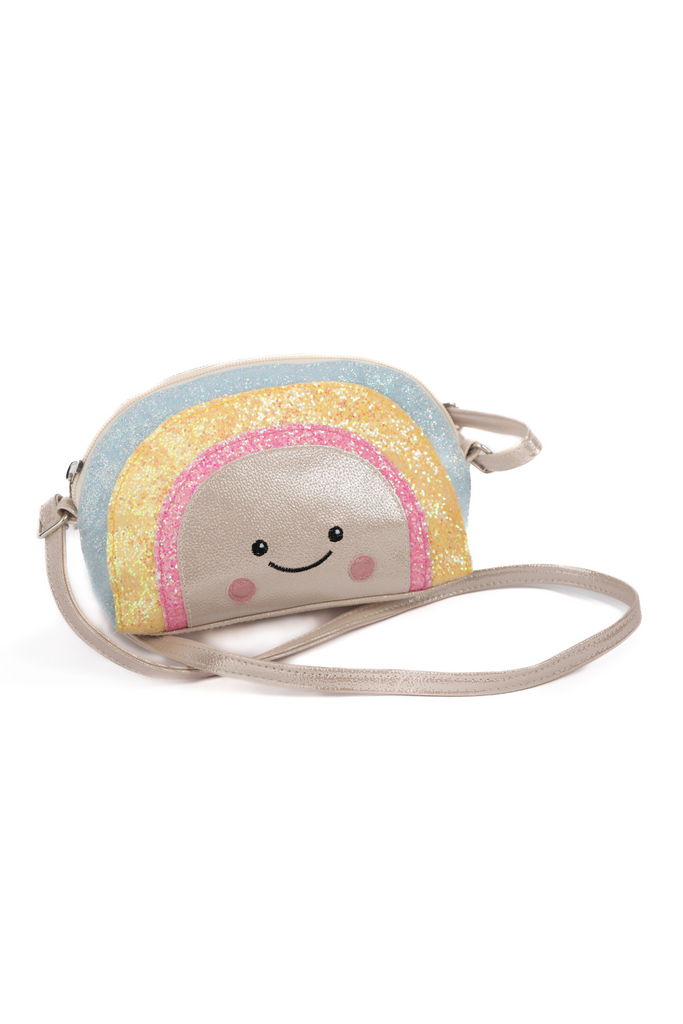 Children's crossbody purse with glitter rainbow and smiling face design on white background