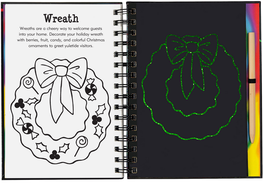 Open Scratch and Sketch Merry Christmas book showing wreath coloring page and glitter scratch art side