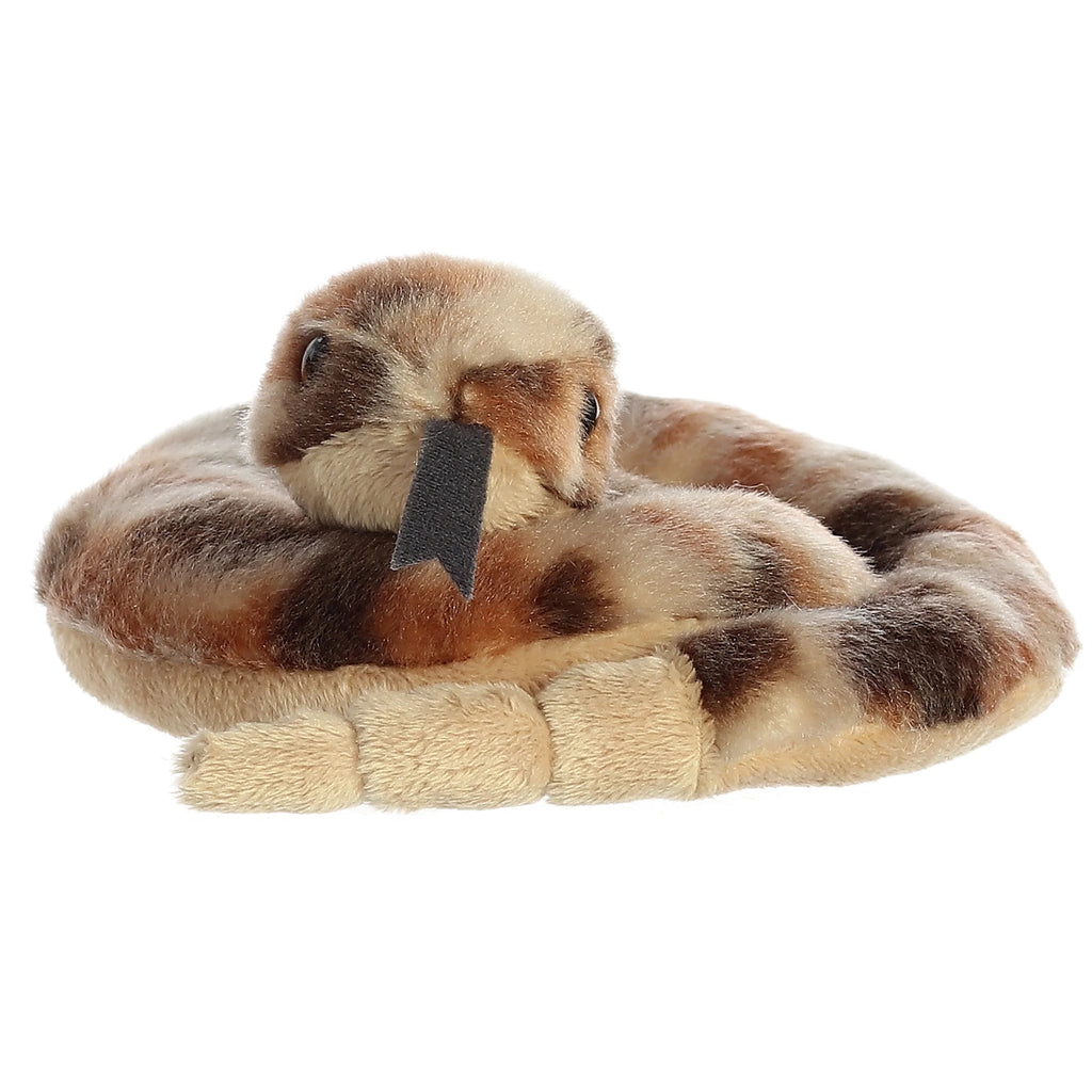 Aurora Mini Flopsie Ruse Rattlesnake 8-inch plush toy coiled on white background