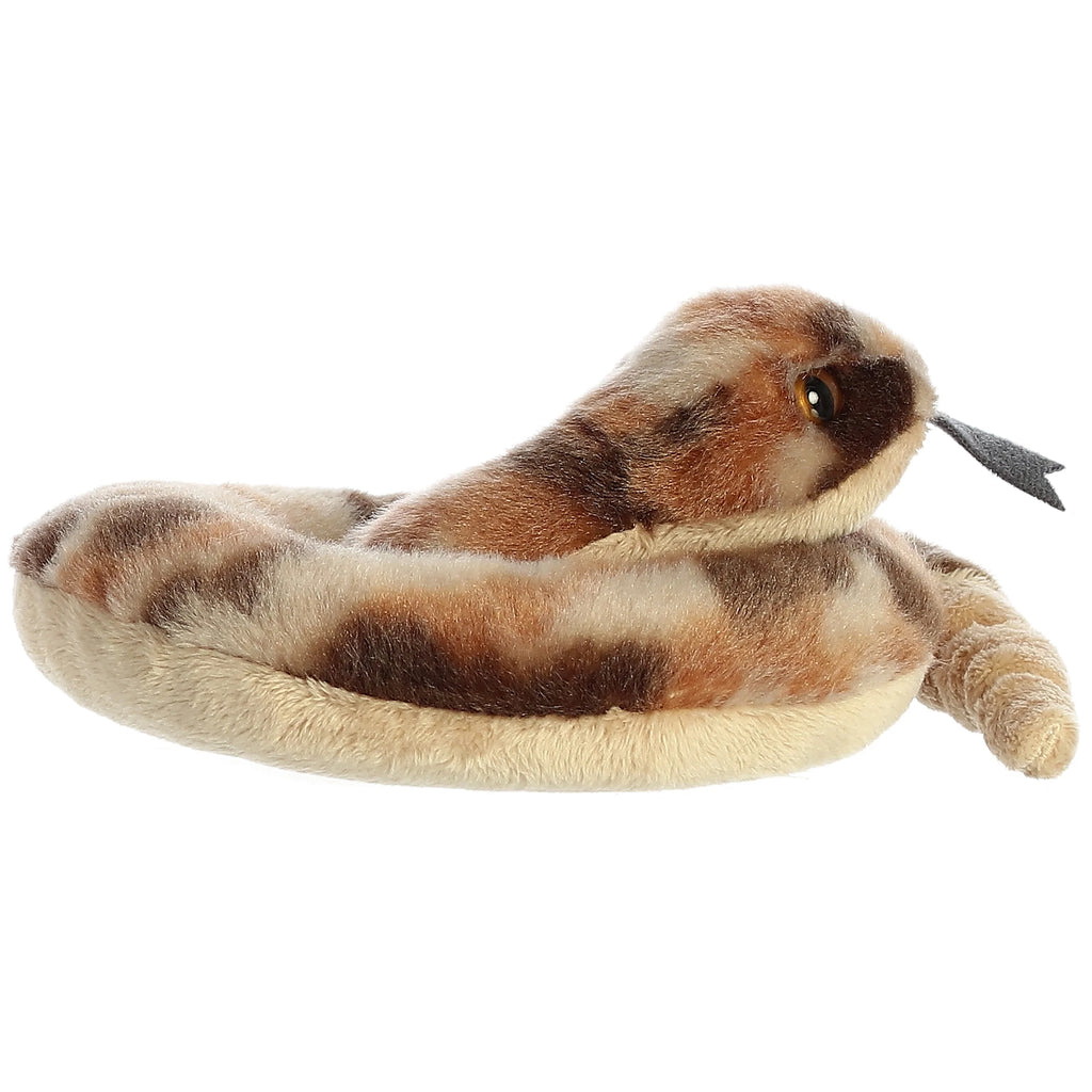 Aurora Mini Flopsie Ruse Rattlesnake 8-inch plush toy coiled on white background