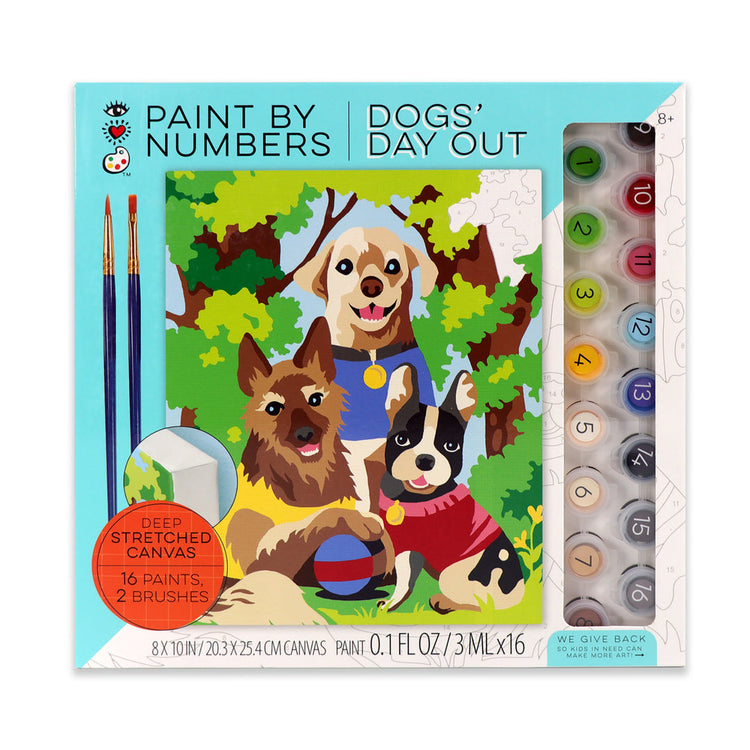 iHeartArt Paint by Numbers Dogs Day Out kit with canvas, 16 paints, and 2 brushes