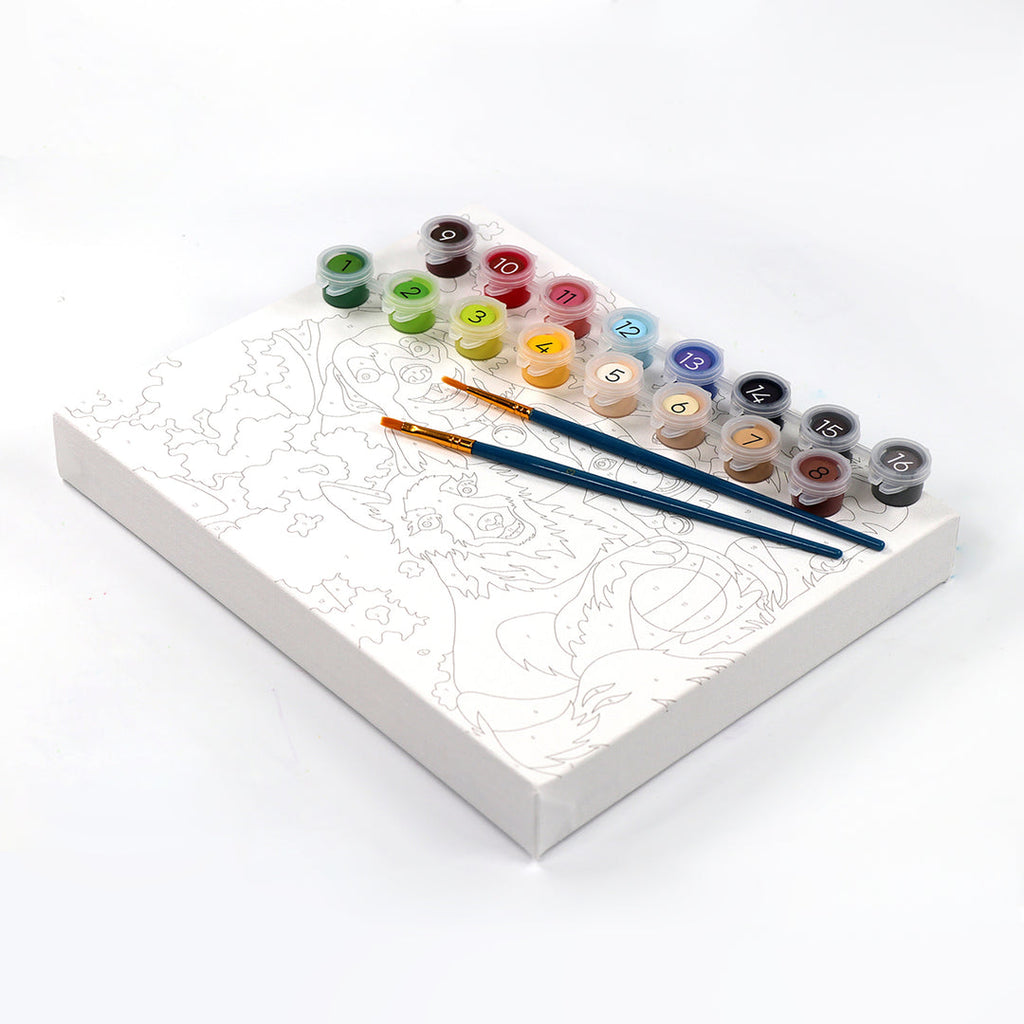 Paint by number Dogs Day Out kit with canvas, 16 paint pots, and two brushes