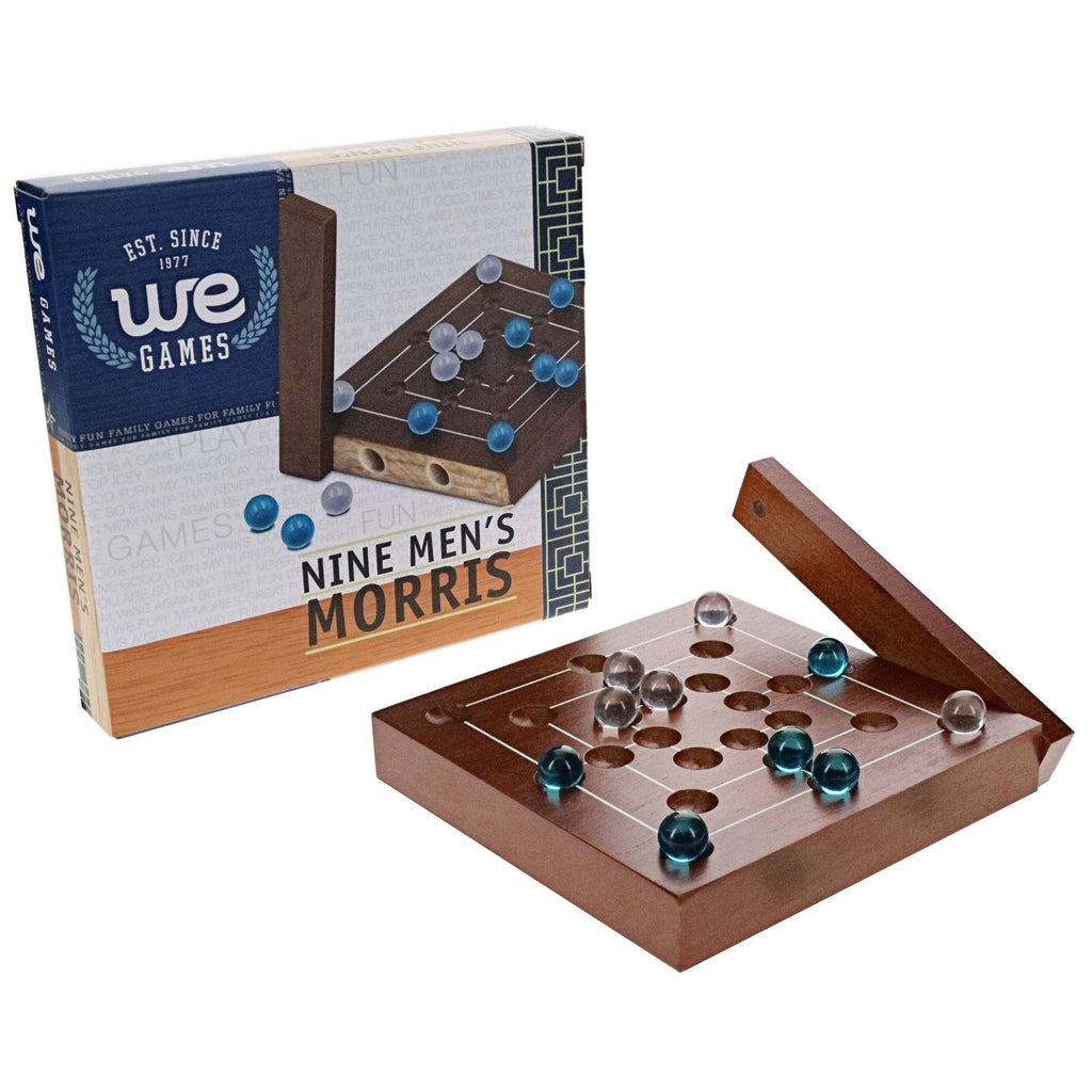 Nine Men's Morris wooden travel game board with glass marbles and WE Games box