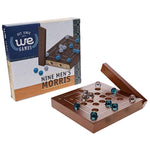 Nine Men's Morris wooden travel game board with glass marbles and WE Games box