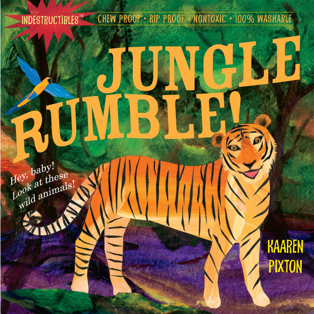 Indestructibles Jungle Rumble children's book cover featuring illustrated tiger and parrot in jungle setting
