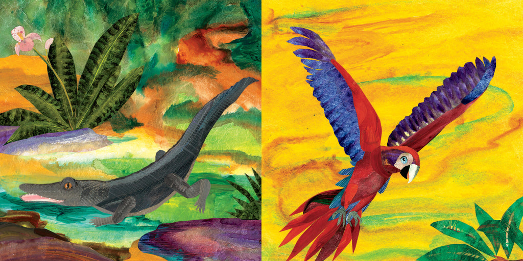 Interior spread of Jungle Rumble showing illustrated crocodile in jungle and colorful macaw in flight